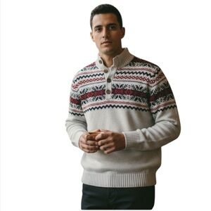 Izod Sweater FairIsle pattern Heathered cream with red and black Holiday Nordic